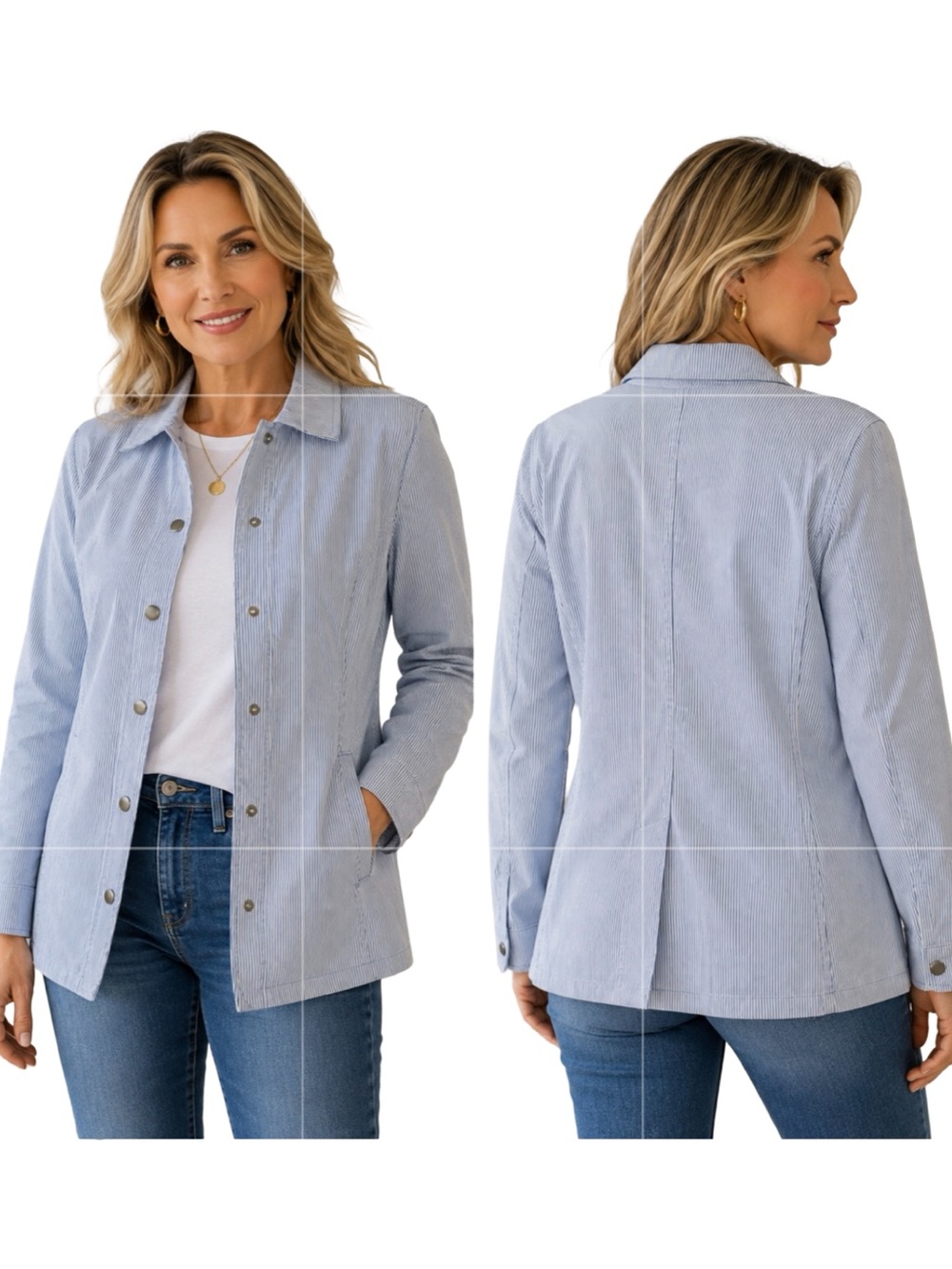 Chico’s Blue & White Pinstripe Snap Front Blazer Jacket Coat Size XL chicos 3
